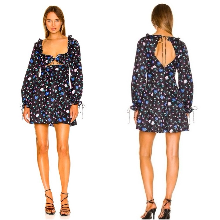 New Revolve X For Love & Lemons Lexy Floral Long Sleeve Mini Dress Black Size Xs
